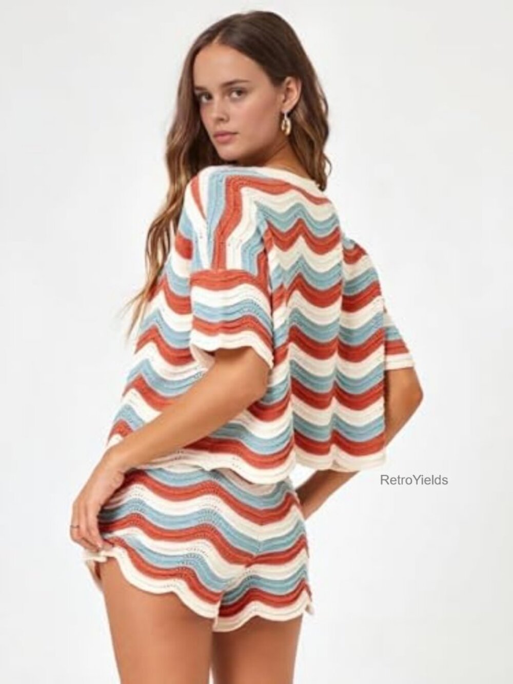 Striped Crochet Cover Up Set with Shorts Beach Vacation Outfit - Picture 4 of 7